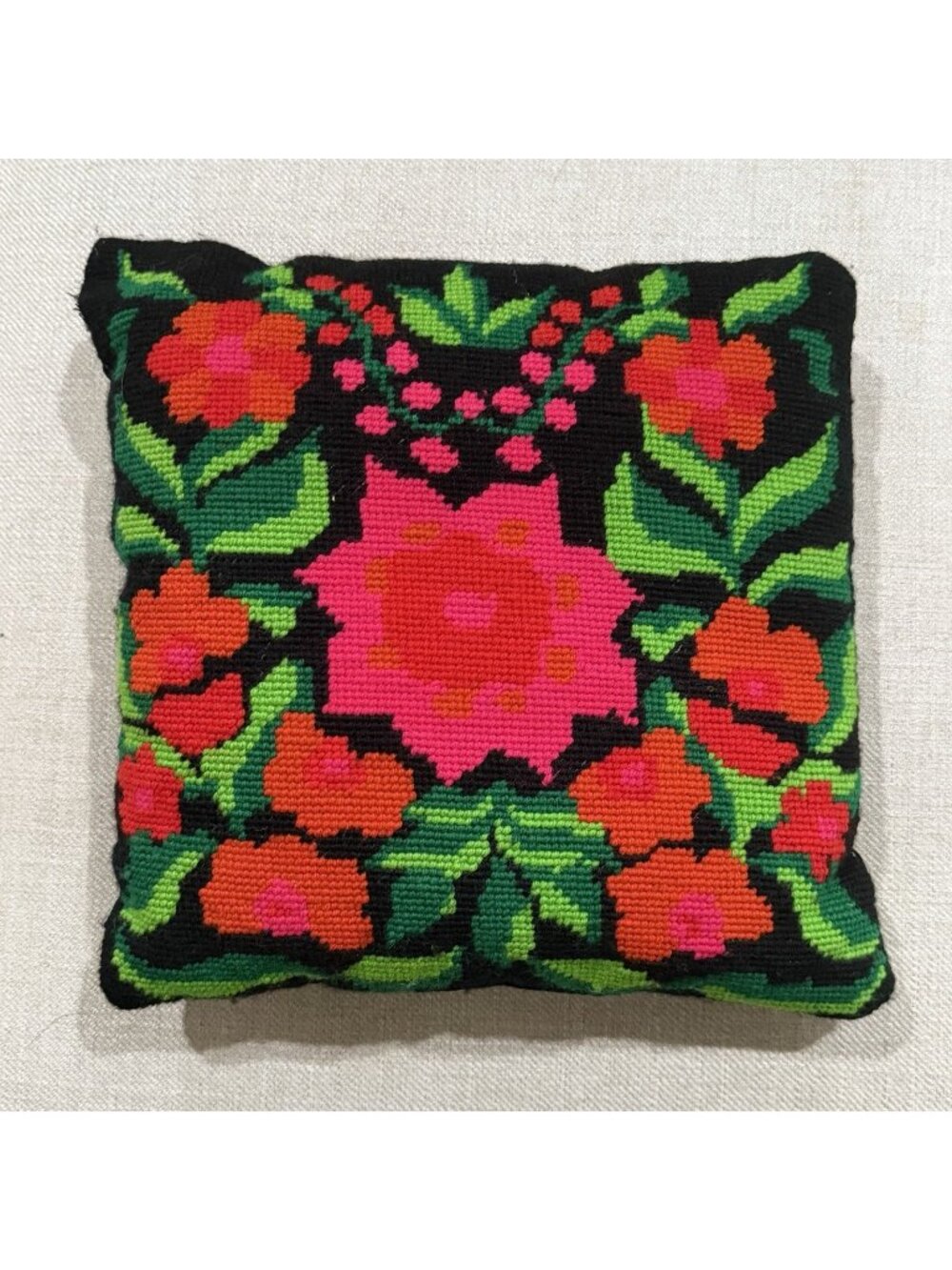 Vintage Handmade Needlepoint Pillow 12" Floral Black Velvet Back Pink Orange